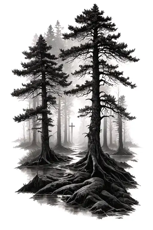 deep forrest area with trees with a slight christian theme tattoo design tattoo design idea