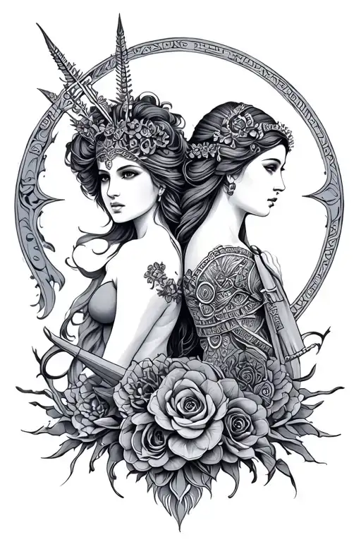 cancer and Sagittarius god and goddess in love you more tattoo design idea