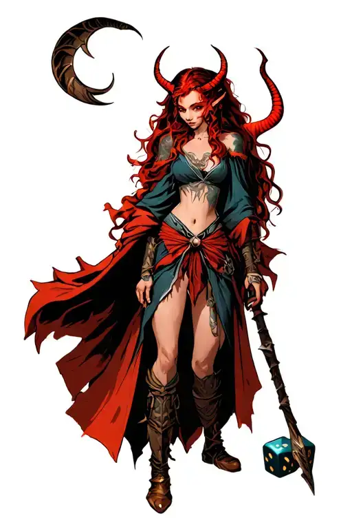 Dnd Dice, red tiefling girl is standing, rogue, wizard tattoo design idea