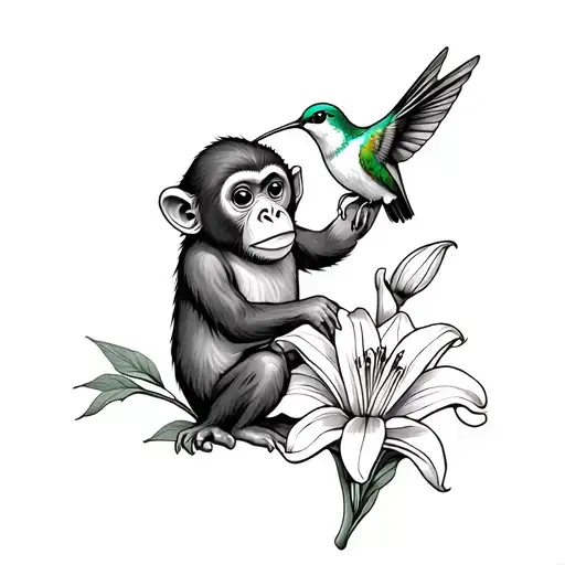 monkey holding lily with a hummingbird tattoo design idea