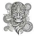 central figure of a Koruru, Surrounded with Hei Tiki figures and Koru spirals. add Waihanga patterns and a manaia figure tattoo design idea