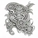 central figure of a Koruru, Surrounded with Hei Tiki figures and Koru spirals. add Waihanga patterns and a manaia figure tattoo design idea
