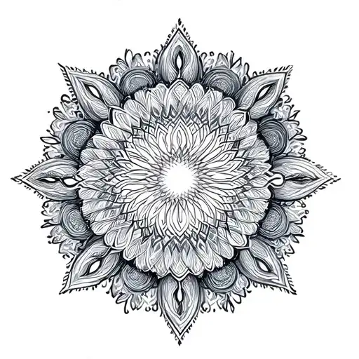 ocean waves transforming into concentric mandala patterns, abstract symmetry, depth and expansion, clean line work tattoo design idea