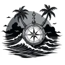 nautical compass, waves forming, Palm trees  tattoo design idea