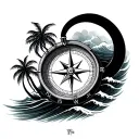 nautical compass, waves forming, Palm trees  tattoo design idea