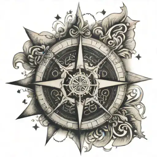 A diamond-encrusted compass rose with romanian script, and an eye symbol in the center tattoo design idea