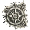 A diamond-encrusted compass rose with romanian script, and an eye symbol in the center tattoo design idea