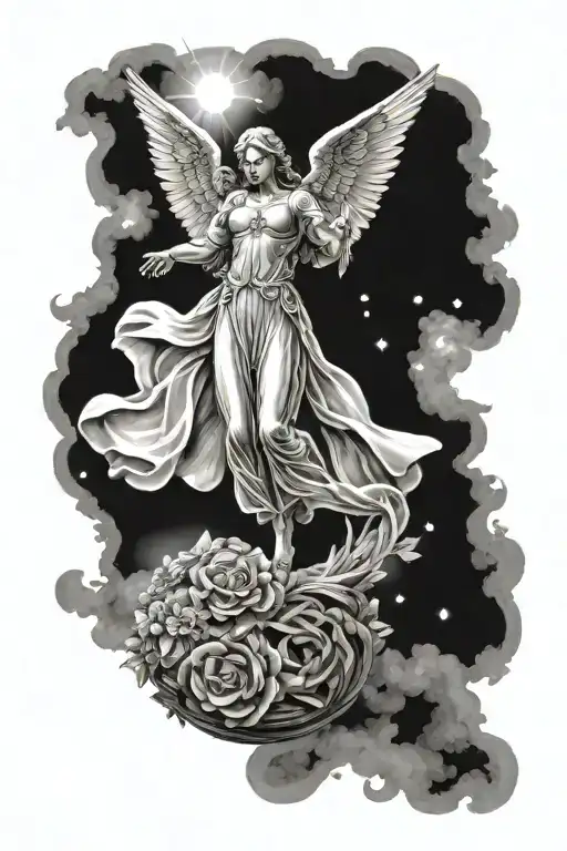 a majestic guardian angel, portrayed in an ethereal glow, with gentle yet powerful wings spread wide. The angel holds a  tattoo design idea