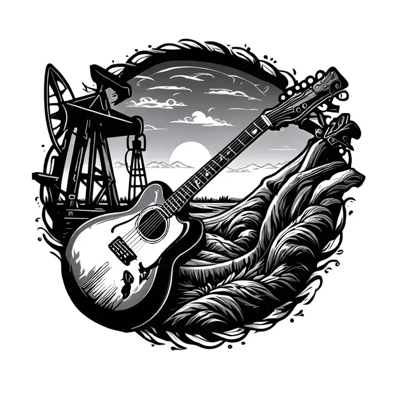 country music and oil fields tools intertwined tattoo design idea