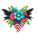 black feathers, colored feathers, american flag, green leaves, one brooch turquoise jewelry, flowers tattoo design idea