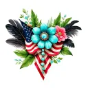 black feathers, colored feathers, american flag, green leaves, one brooch turquoise jewelry, flowers tattoo design idea