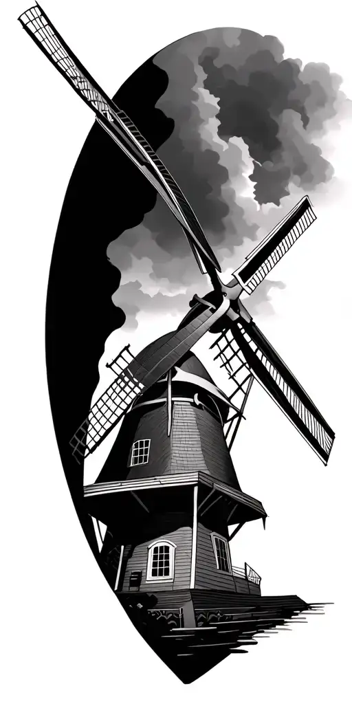 A combination of netherlands windmills and musical instruments in a black-grey style design tattoo design idea