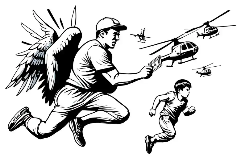 running man holding money with helicopters and a spot light and a spirit angel helping a urban young boy get away tattoo design idea