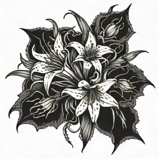 A collection of intricate knives forming a bouquet of bat spider lillies tattoo design idea