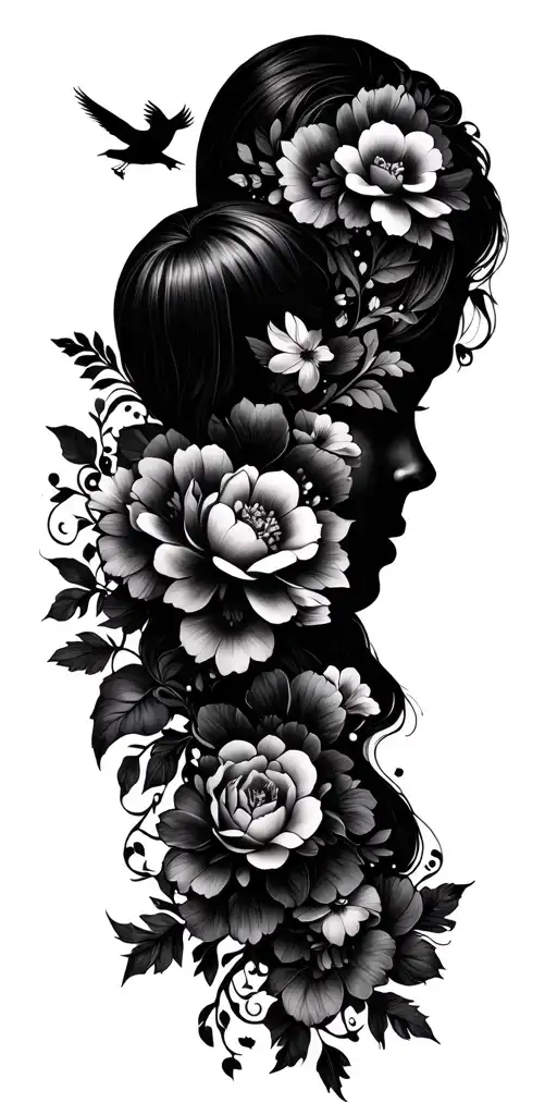 mother with sons with flowers and birds tattoo design idea