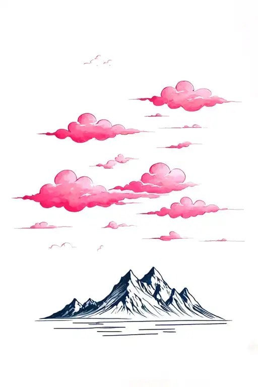 A serene landscape tattoo featuring pink clouds floating over majestic mountains, symbolizing the beauty of nature and the peacefulness of the sky tattoo design idea
