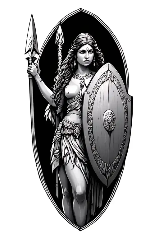 ancient woman holing spear and shield tattoo design idea