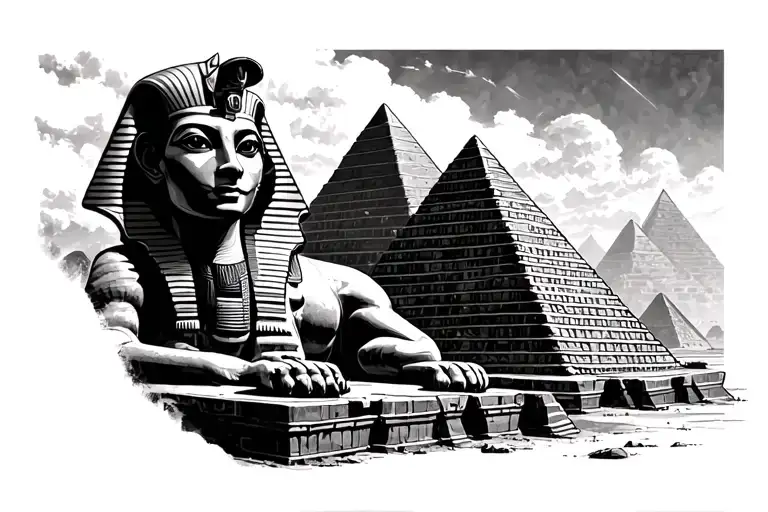 Egyptian sphinx with three pyramids in the back tattoo design idea