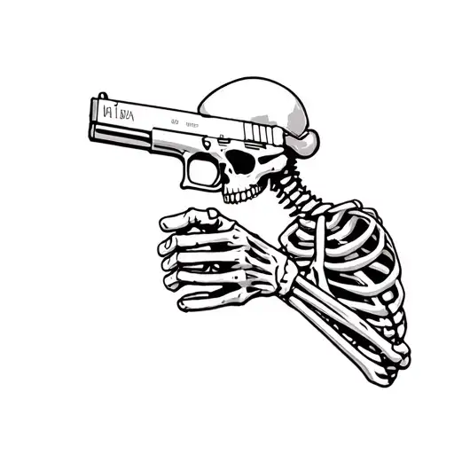 A full-bodied Skeleton facing forward, head slightly cocked to the side, holding a glock (gun) pointing at the side of h tattoo design idea