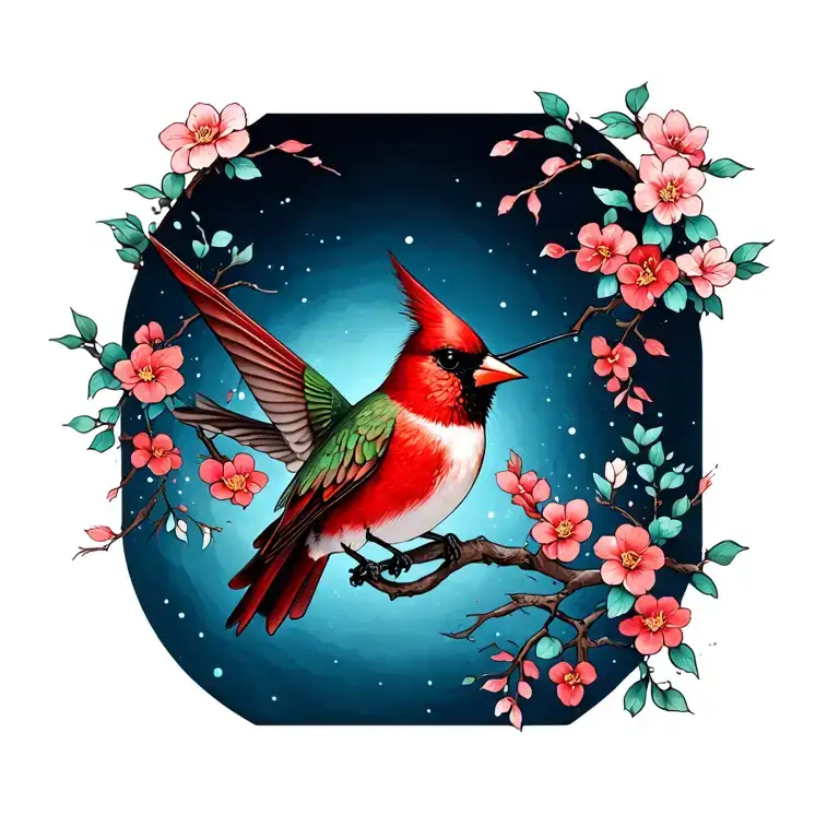 Infinity Cardinal & hummingbird hovering tattoo design idea