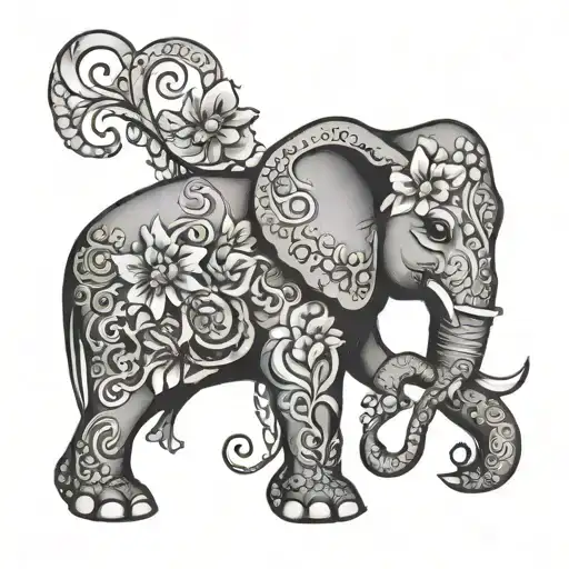 A symbolic tattoo design combining elements of your grandma's love for flowers and Roman numerical symbols, intertwined with an elegant elephant motif, rendered in a black-grey style for a timeless look tattoo design idea