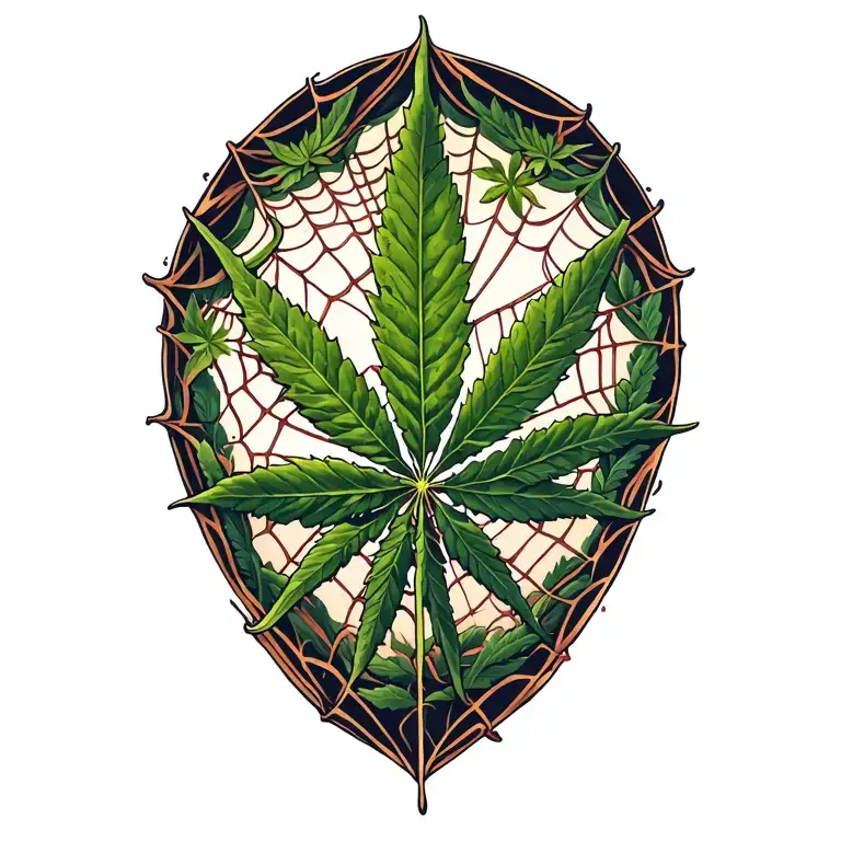 hemp leaf and spider webs surrounding tattoo design idea