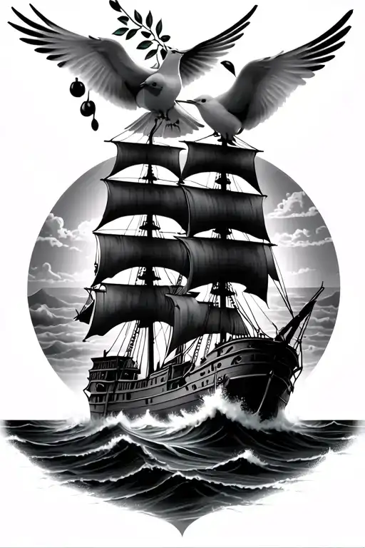 Realistic pirate ship on rough seas, sun rising on the horizon with 2 doves holding an olive branch, black and white tattoo design idea