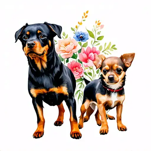 Rottweiler, Pekinese and Chiweenie against flower background tattoo design idea