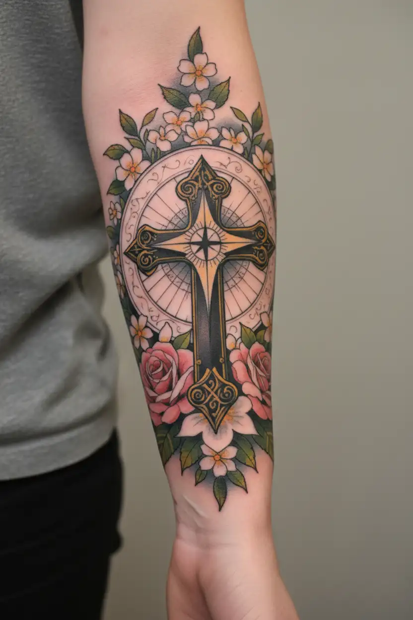 Cross with compass heart roses jasmine flowers surrounding tattoo design idea