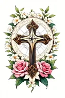 Cross with compass heart roses jasmine flowers surrounding tattoo design idea
