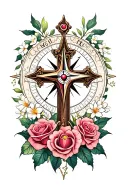 Cross with compass heart roses jasmine flowers surrounding tattoo design idea