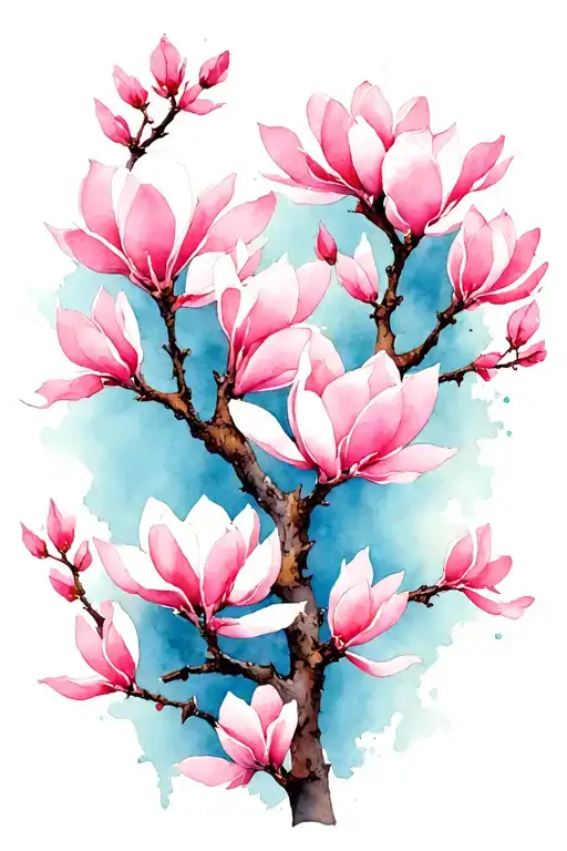 A Japanese-inspired illustration featuring a delicate branch adorned with vertically arranged soft pink magnolia blossom tattoo design idea