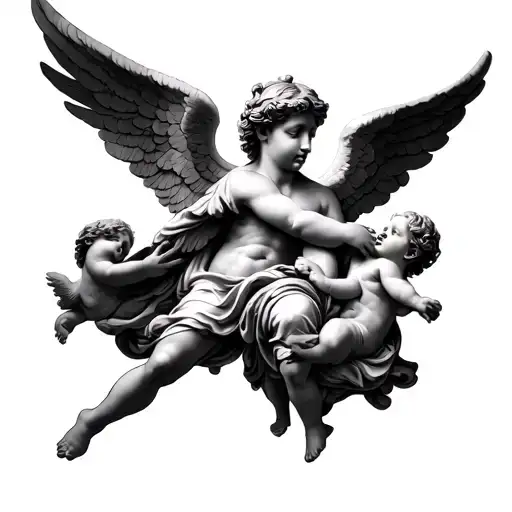 Create a tattoo of an angel combined with a cherub throughout the forearm, for men tattoo design idea