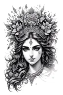 Create a medium-sized tattoo, approximately 6 inches wide, in grayscale of blithe the goddess of mental heal, portraitin tattoo design idea