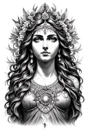 Create a medium-sized tattoo, approximately 6 inches wide, in grayscale of blithe the goddess of mental heal, portraitin tattoo design idea