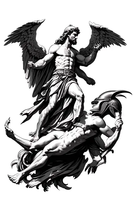 saint Michael stepping on Lucifer with spartan helmet tattoo design idea