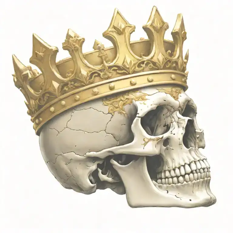 skull wearing the golden crown of King Arthur tattoo design idea