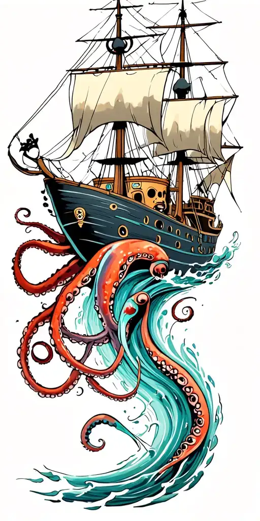 An octopus (on the shoulder) and a squid (on the forearm) pulling apart a pirate ship, all being spun into a whirlpool  tattoo design idea