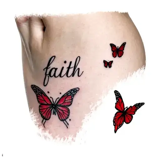 Small tattoo on my hip in black ink that says faith and then 3 or two red butterfly’s small as well with a little bit of tattoo design idea