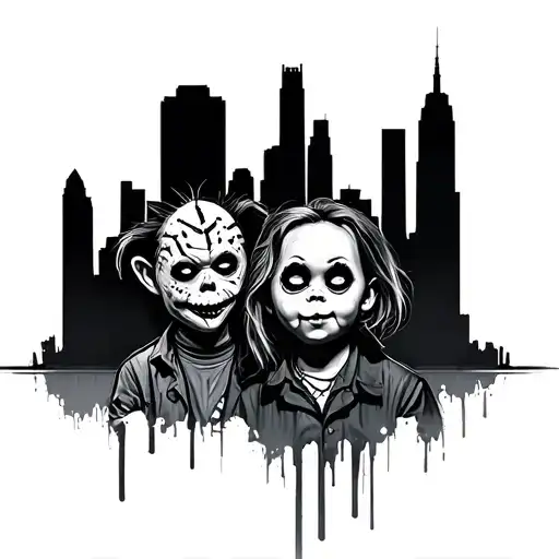 NYC skyline with chucky and freddy krueger tattoo design idea