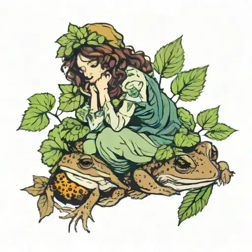 nettle with leaves, on one leaf sits a girl with a ring, on the other a toad with a loaf tattoo design idea