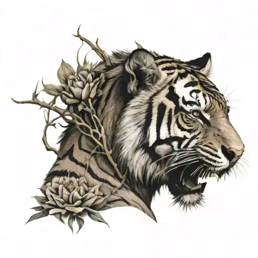 man wearing tiger skin And the thorns growing tattoo design idea