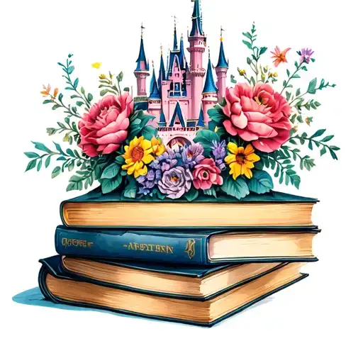 disney castle flowers stacked books lioness tattoo design idea