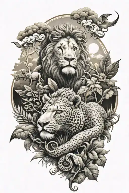 jungle sun clouds snake lion rhino surrounded tattoo design idea