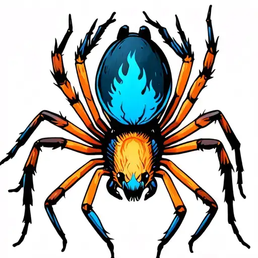 spider with blue flame markings on it's abdomen  tattoo design idea