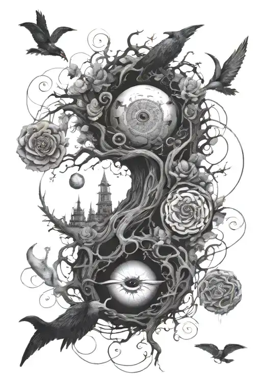 eyeball,,dragon coil,roses,big tree of life,waterfall,moon,whale,nasty,crow, snakes,earth,mushrooms,marijuana leaf tattoo design idea
