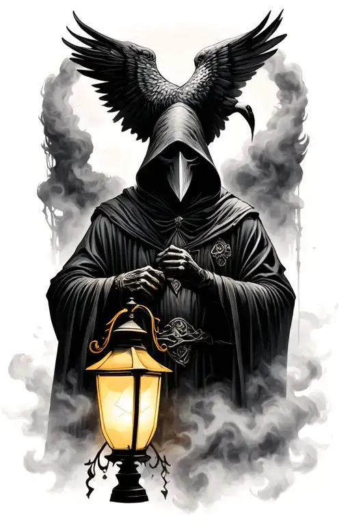 Plague doctor with bird mask, a hood, holding a  yellow lantern surrounded by thick fog tattoo design idea