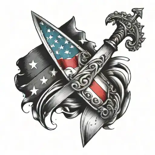 An intricate tattoo design of a color guard flag swirling around a culinary knife, symbolizing your passion for color guard and culinary arts tattoo design idea