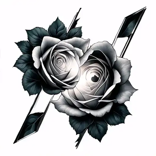 Two open 👁️ 👁️ in the 🌫️  at a black and white rose 🌹 intertwined, the moons reflection in the shards of glass  tattoo design idea