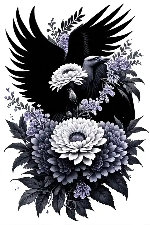 long Chrysanthemums, iris and lilacs intertwined with phoenix in fine line style with leaves and vines, feminine  tattoo design idea